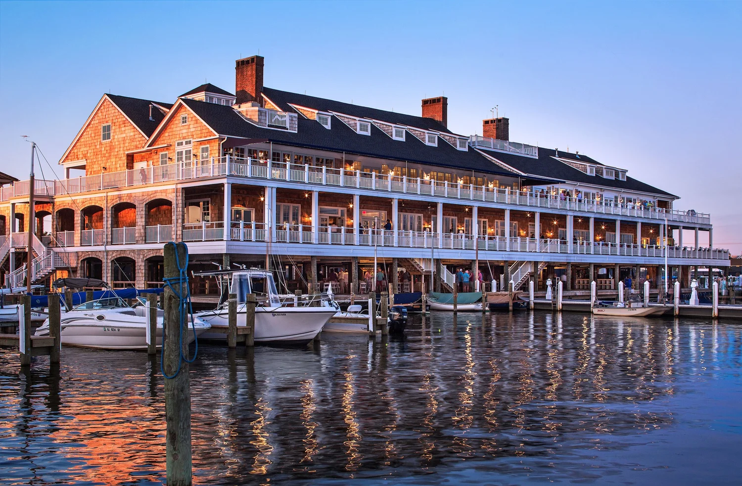The historic Bay Head Yacht Club and marina at sunset in Bay Head, New Jersey