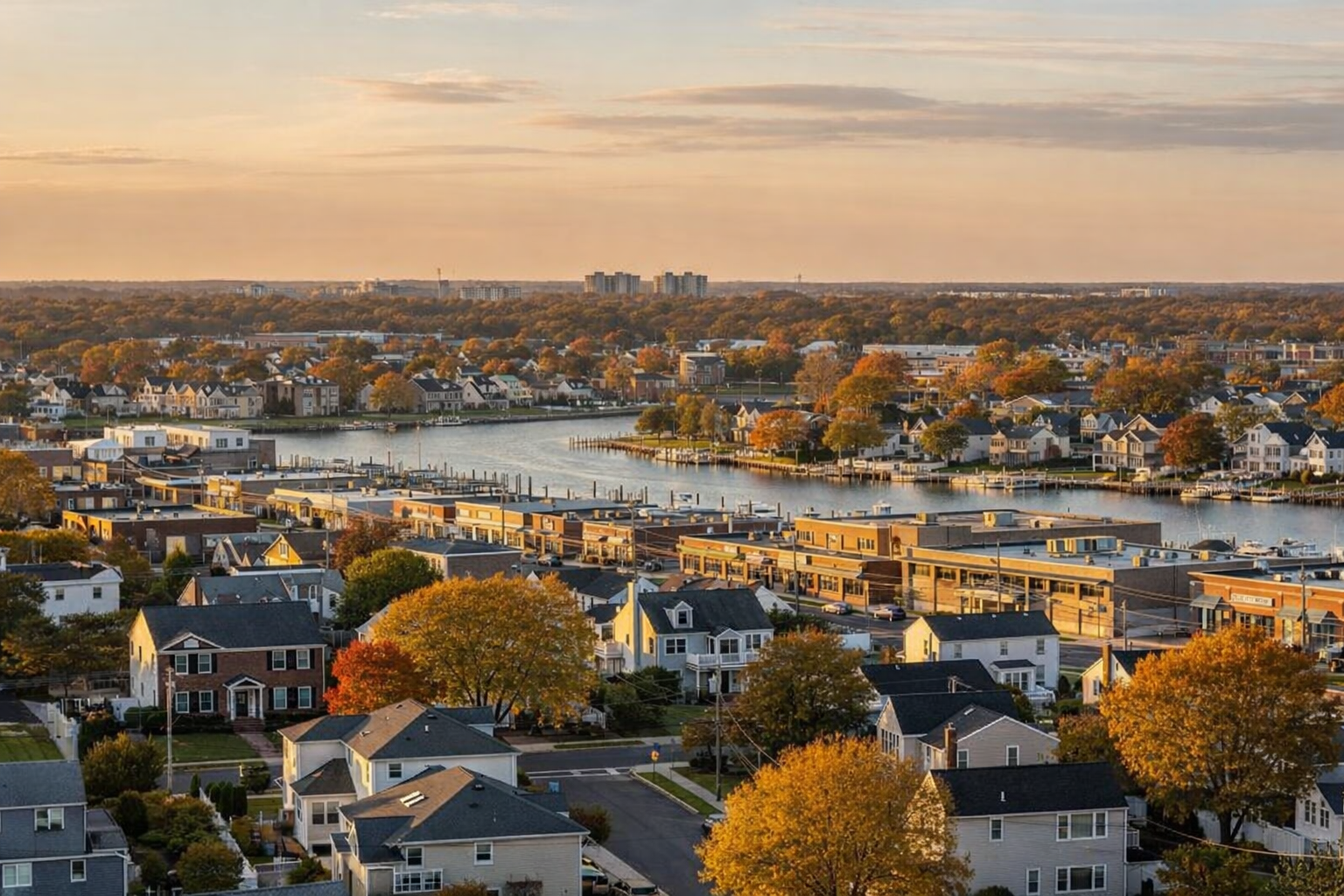 Aerial view of Brick Township, NJ, at sunset, with residential neighborhoods, tree-lined streets in fall foliage, and a waterway running through the community