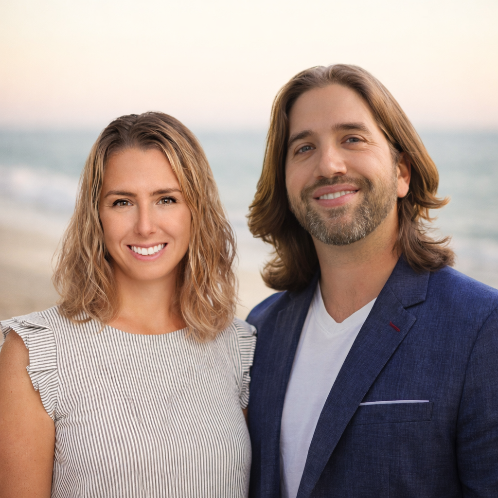 Jessica and Joseph Scarpino, realtors serving Monmouth and Ocean County, standing at the beach.