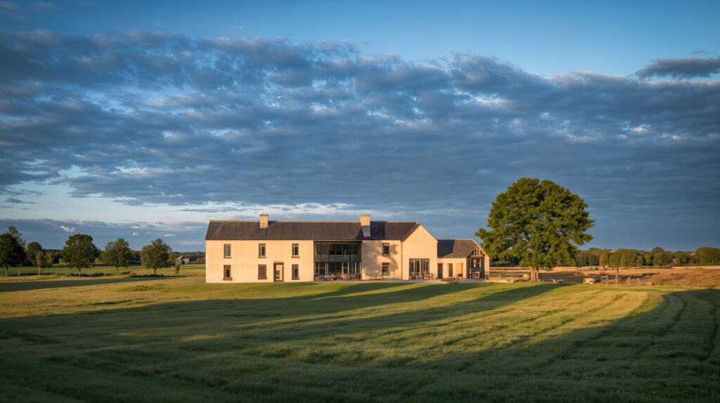 Large estate home sitting on an expansive green pasture under a blue sky