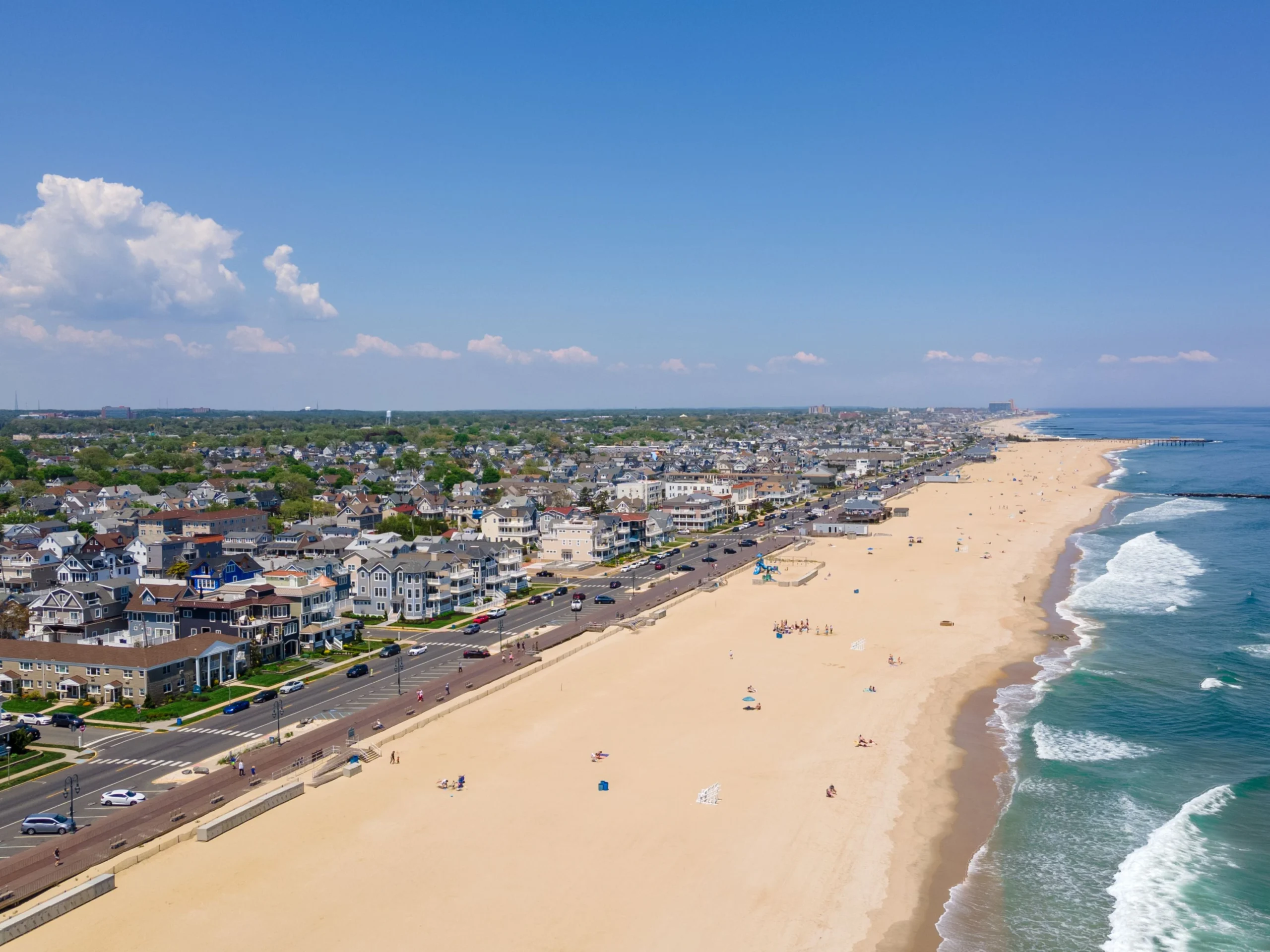 Aerial view of a coastal town, beach, and ocean in New Jersey