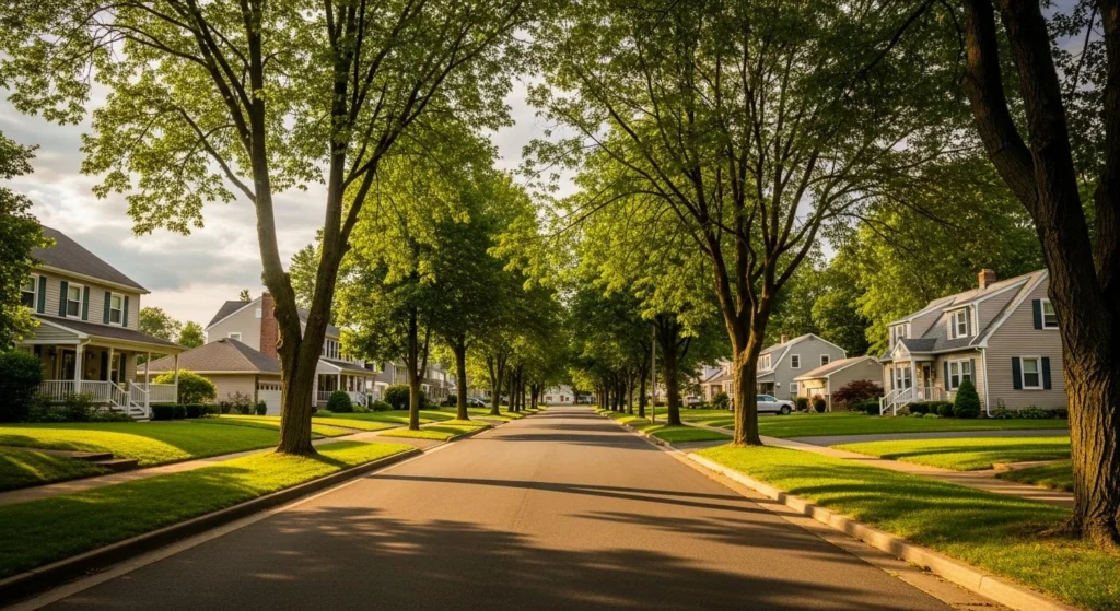 Tree-lined residential street in Jackson Township, NJ, with spacious homes, manicured lawns, and tall mature trees creating a shaded, peaceful suburban neighborhood
