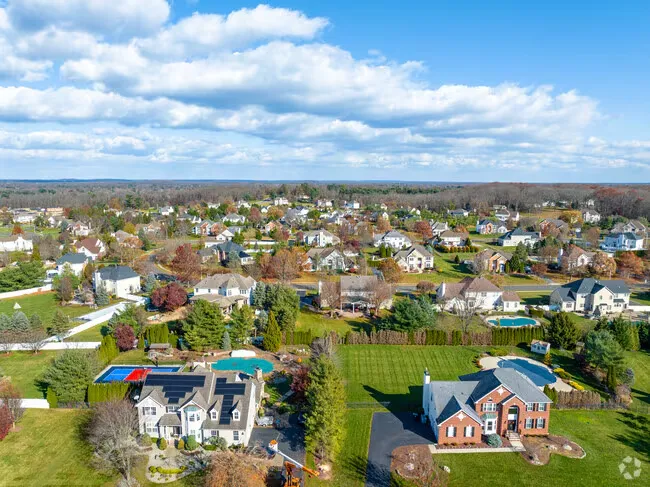 Aerial view of an upscale suburban neighborhood in Howell or Tinton Falls, Monmouth County, NJ, with large homes, spacious lots, in-ground pools, and tree-lined streets under a partly cloudy sky